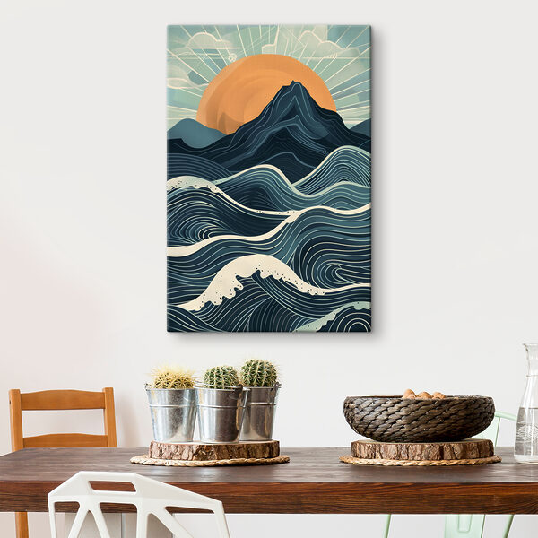 A mountain with waves and sun