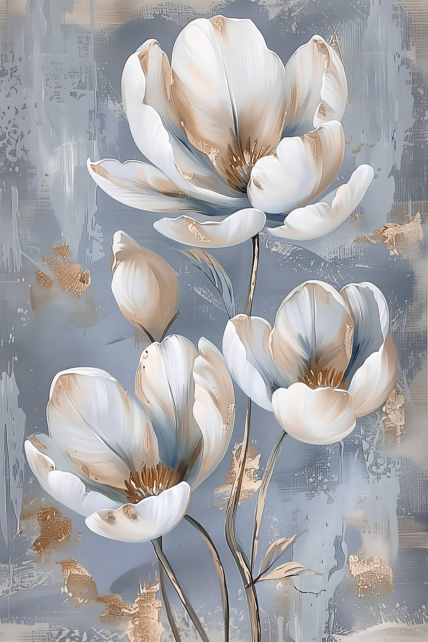 A painting of flowers on a blue background