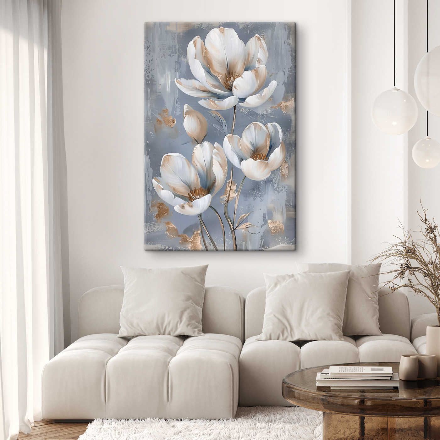 A painting of flowers on a blue background