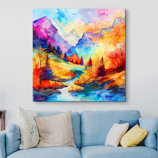 A colorful mountain landscape with trees and a river