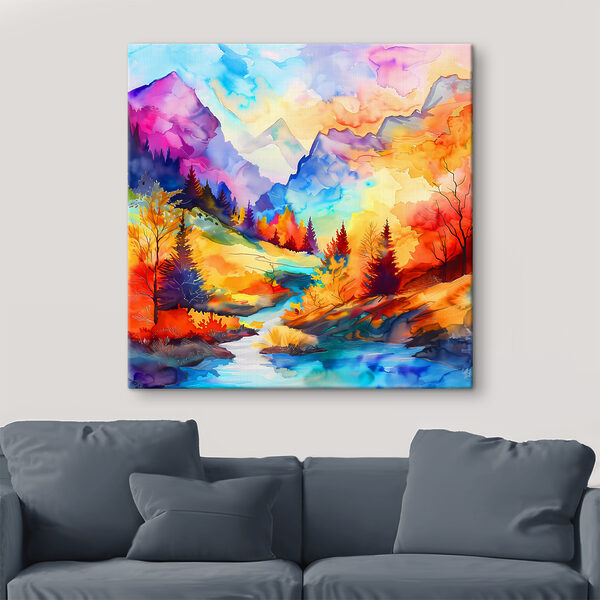 A colorful mountain landscape with trees and a river