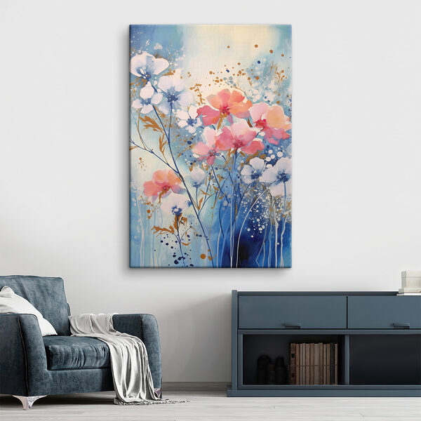 A painting of flowers on a blue background