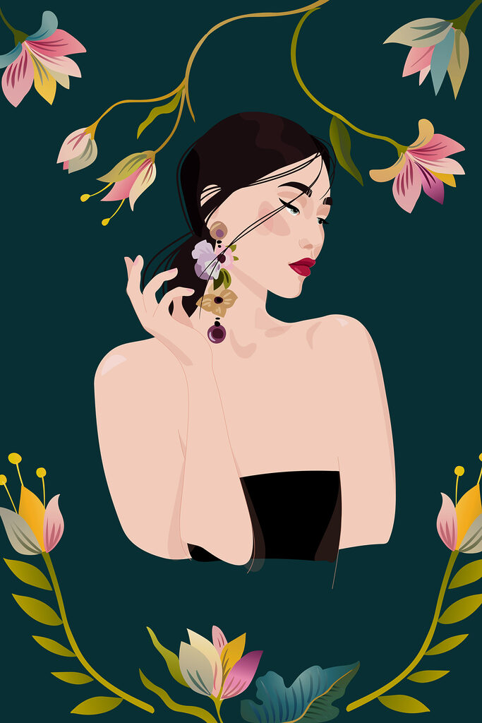 A woman with flowers around her neck