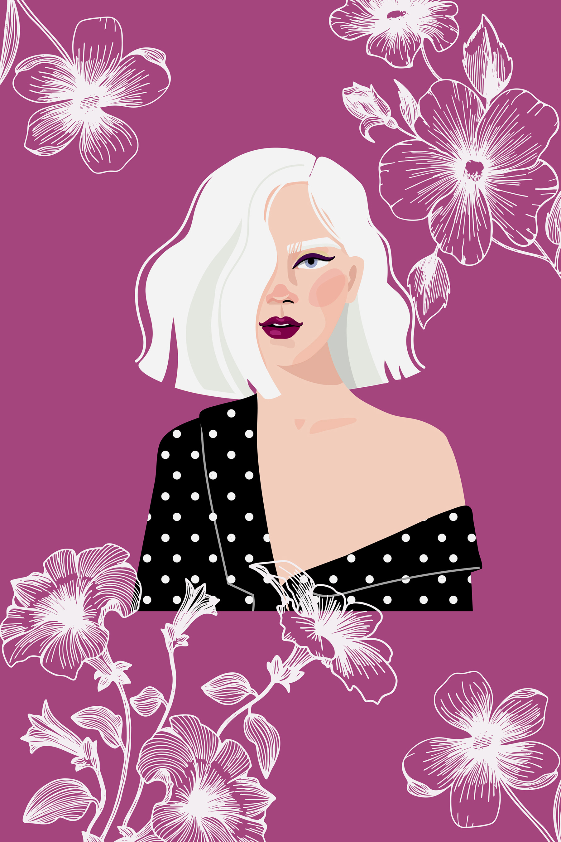 A woman with white hair and polka dot shirt