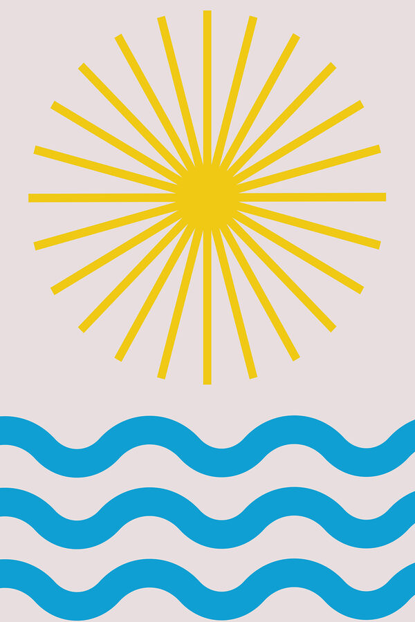 A sun and waves with blue lines