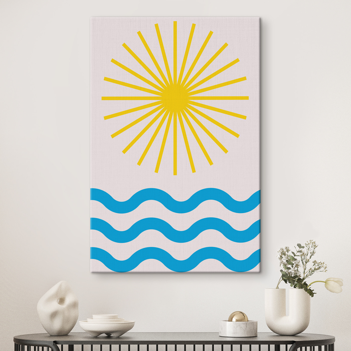 A sun and waves with blue lines