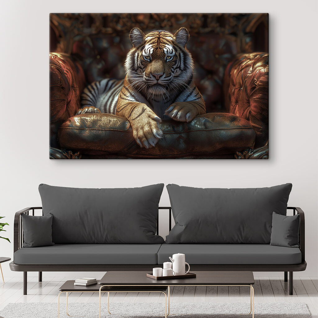 A tiger lying on a leather chair