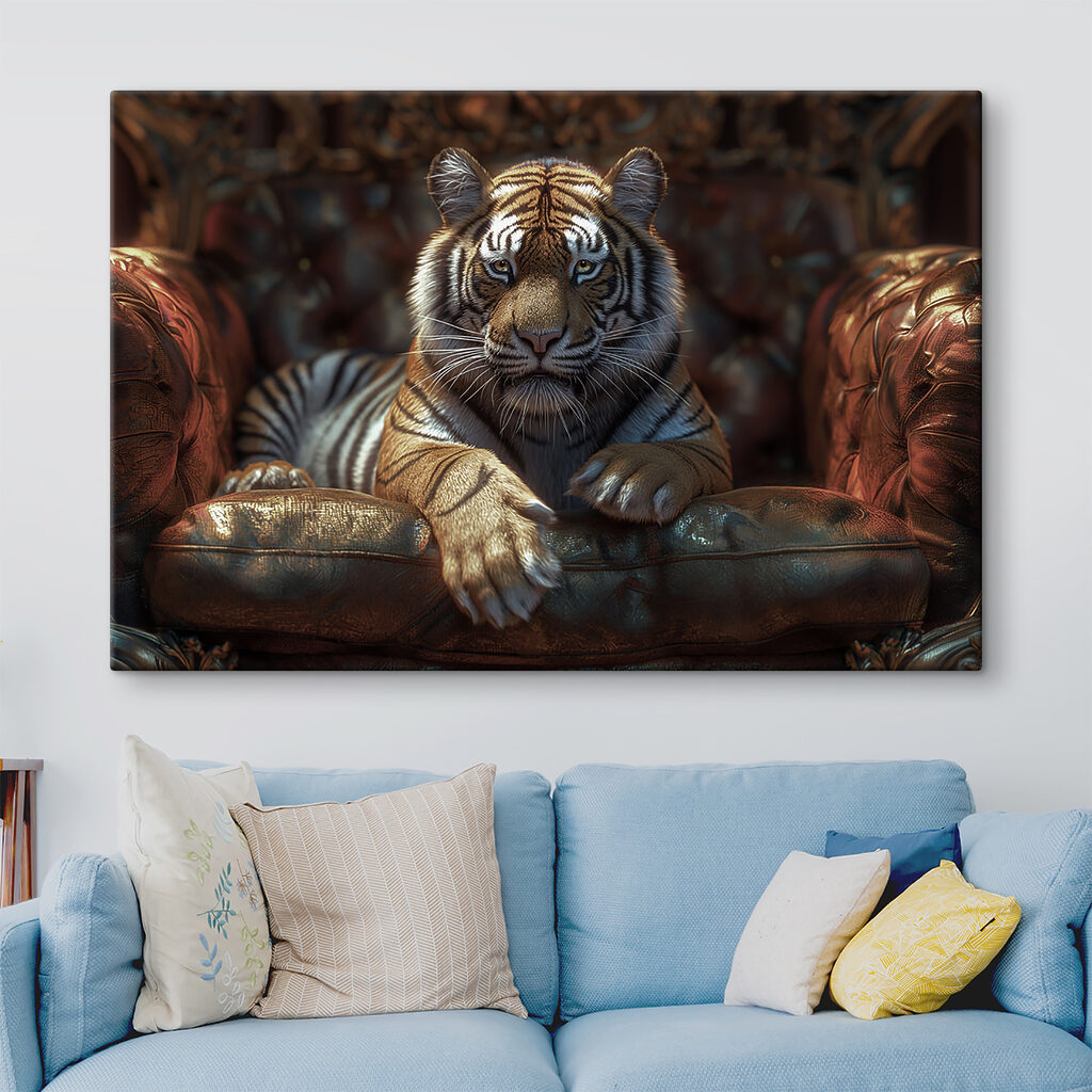 A tiger lying on a leather chair