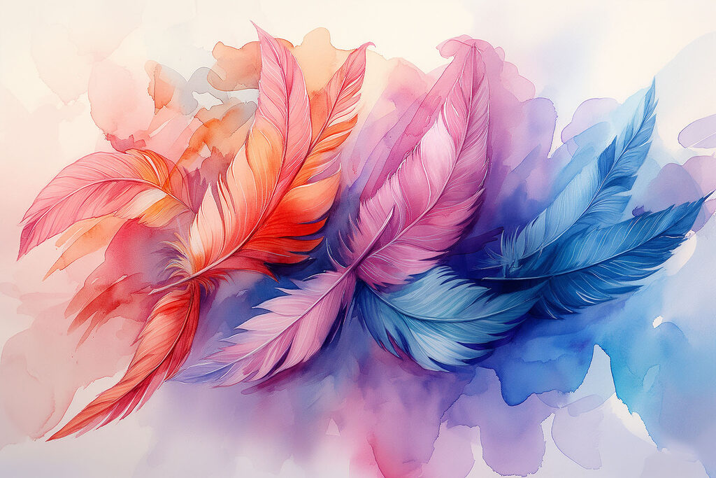 A colorful feathers on a white background