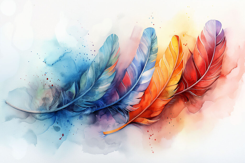 A colorful feathers on a white background