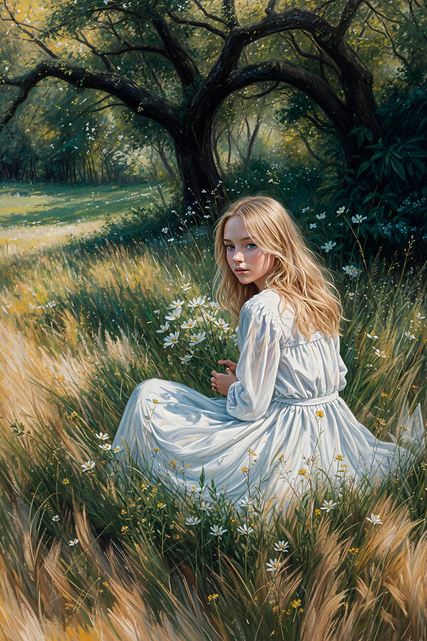 A girl in a white dress sitting in a field of flowers A girl in a white dress sitting in a field of flowers