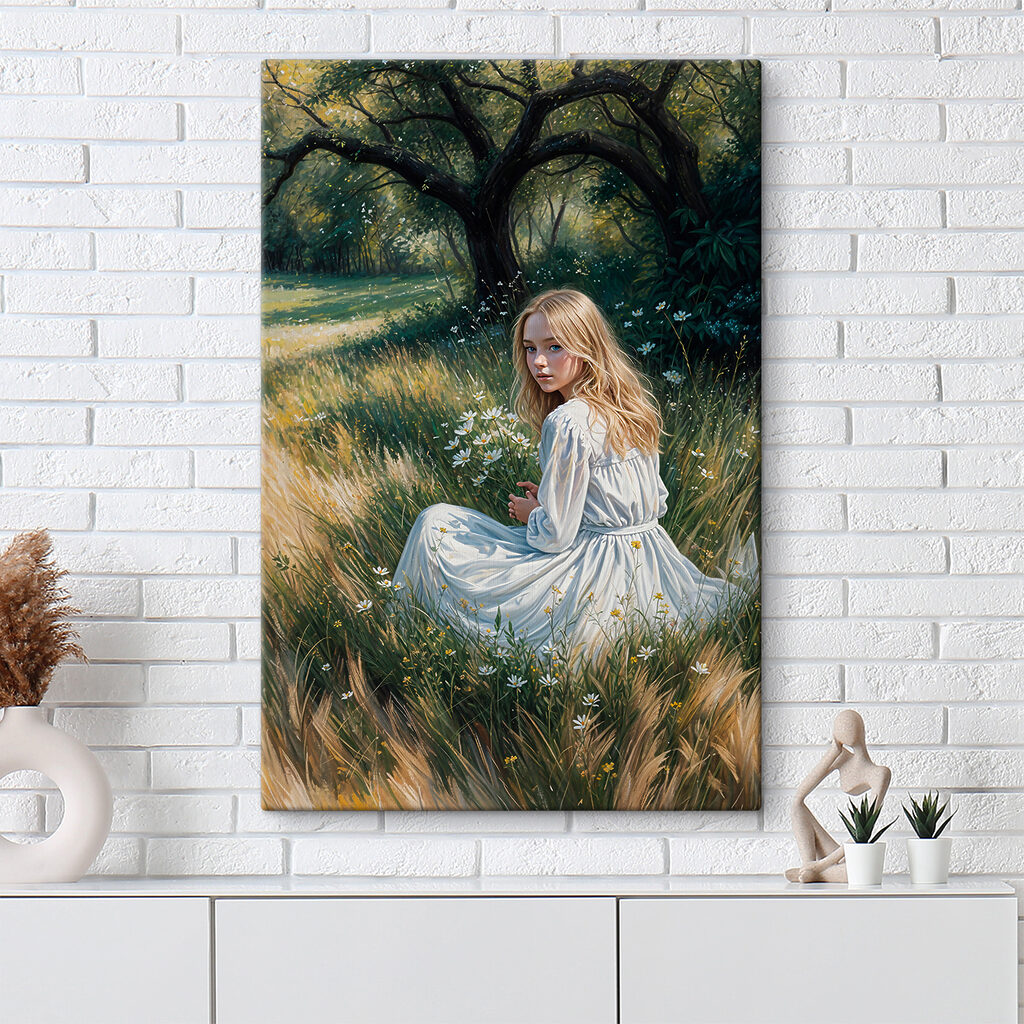 A girl in a white dress sitting in a field of flowers A girl in a white dress sitting in a field of flowers