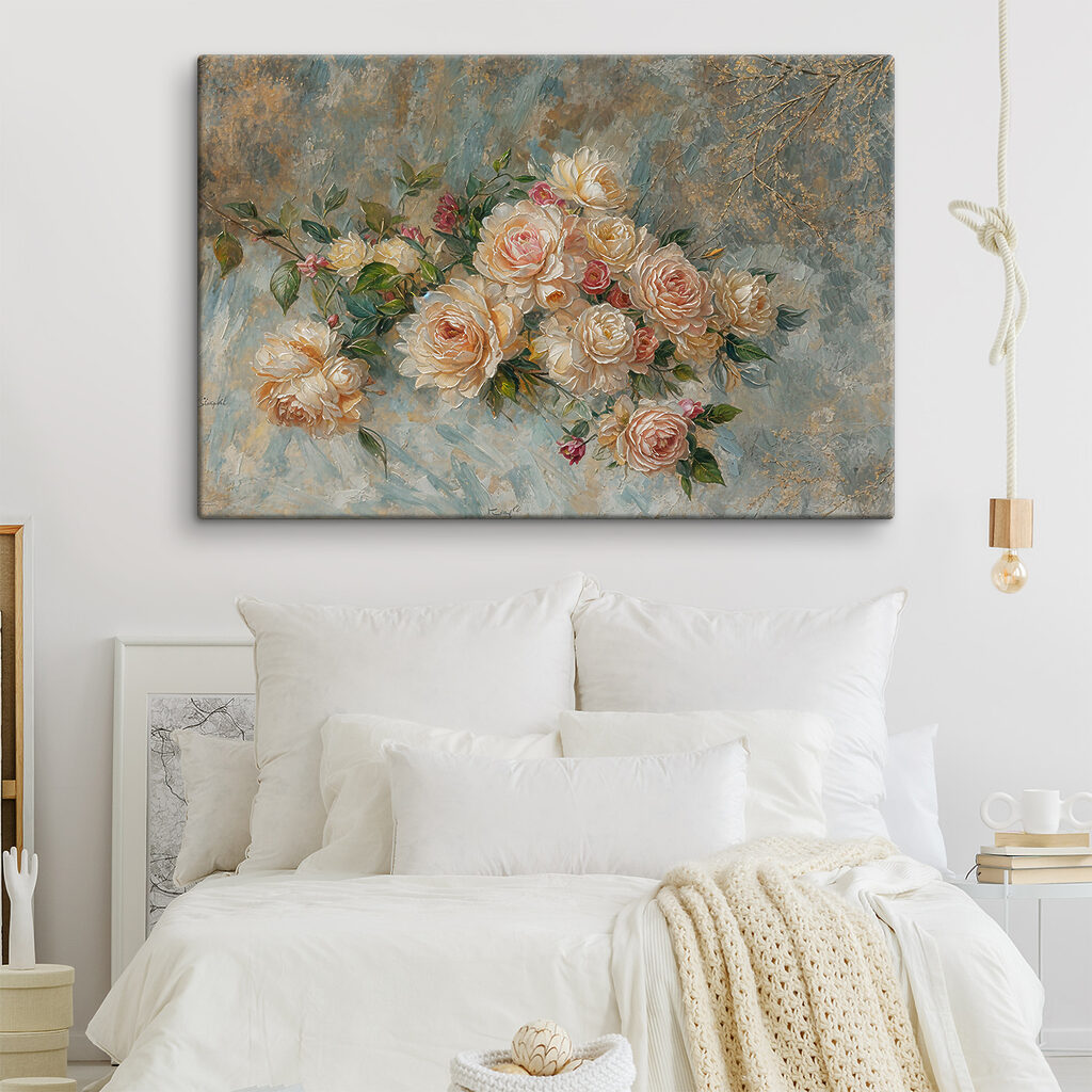 A painting of flowers on a blue background