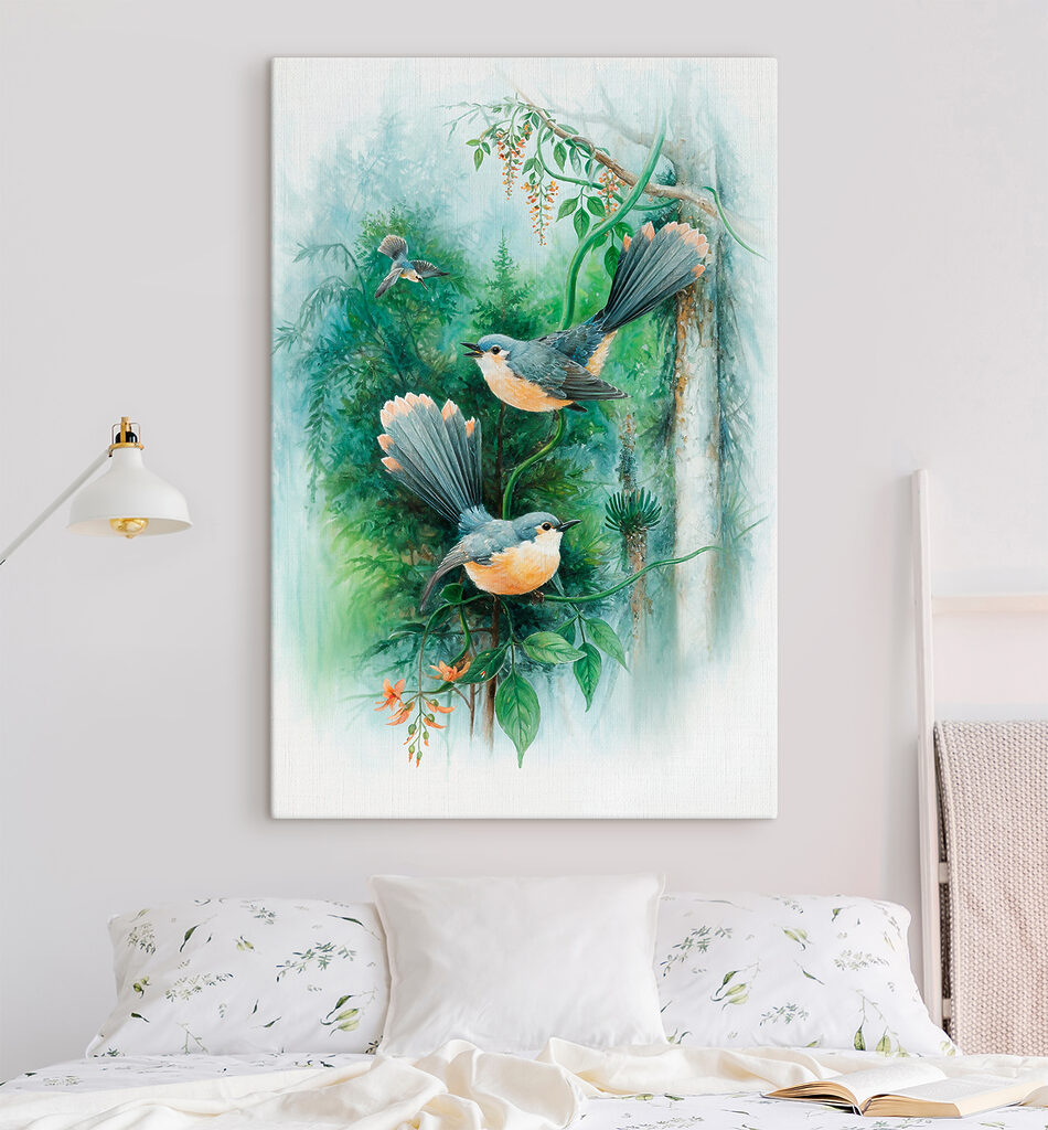 A painting of birds on a tree branch