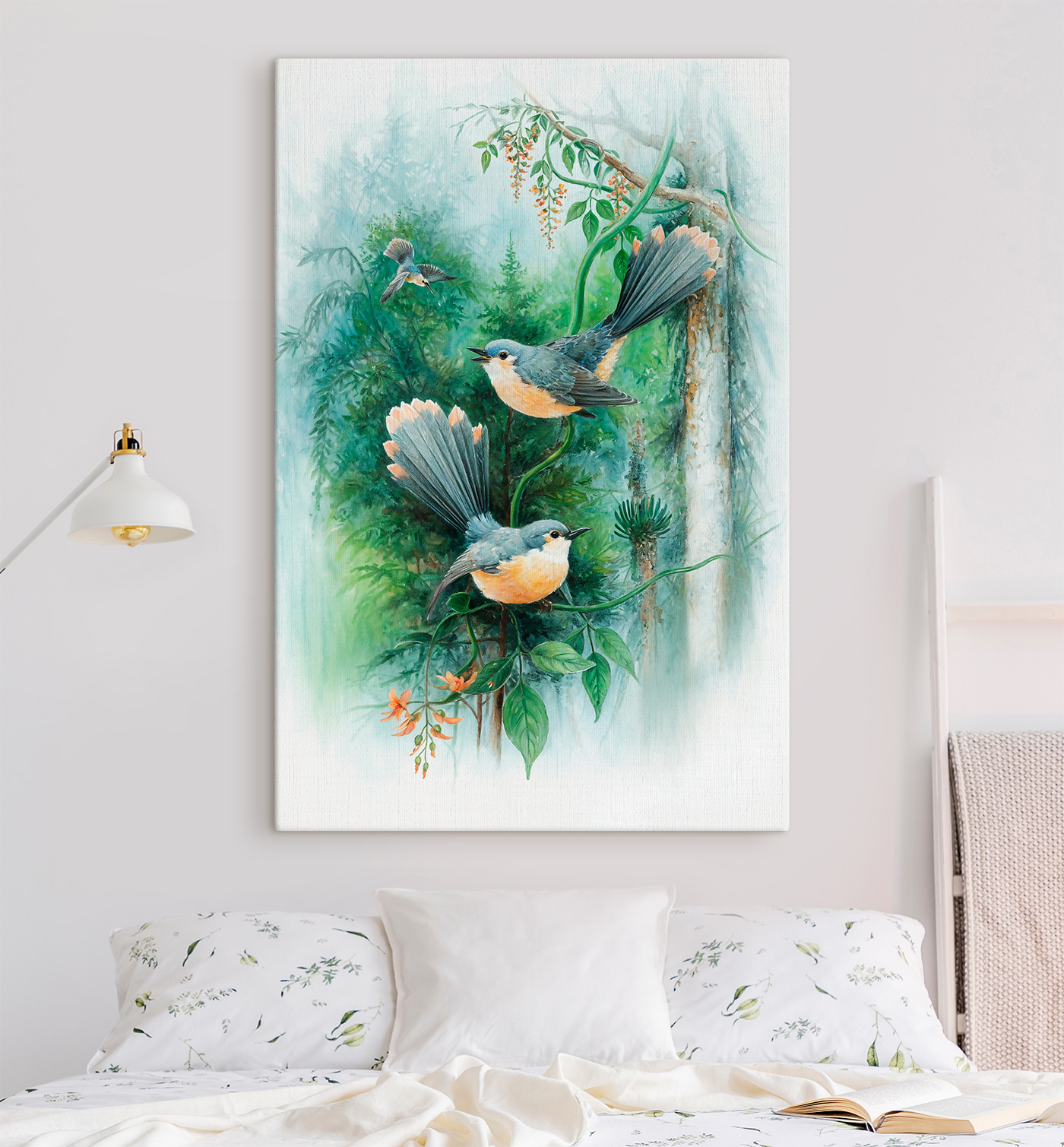 A painting of birds on a tree branch