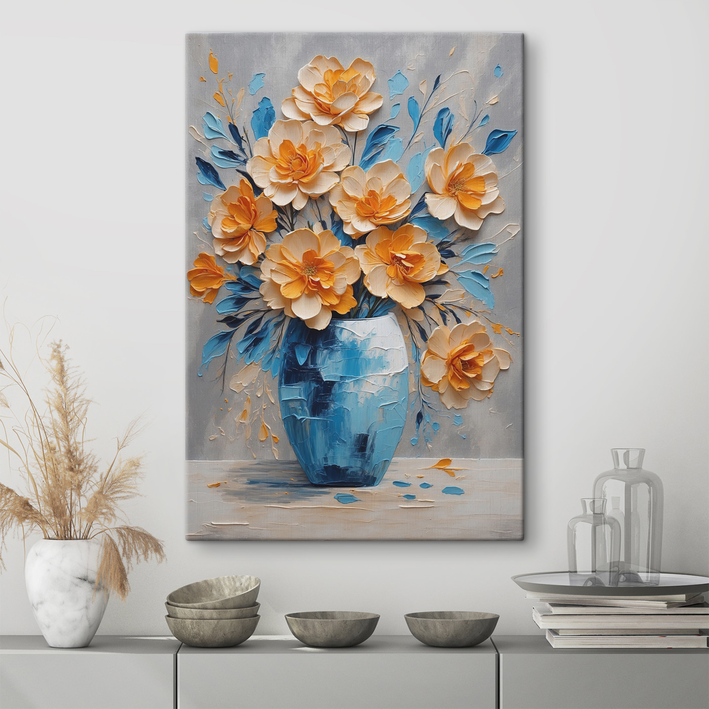 A painting of flowers in a vase