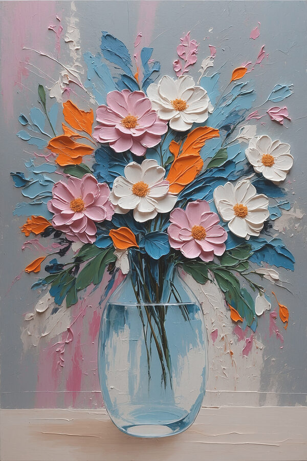 A painting of flowers in a vase