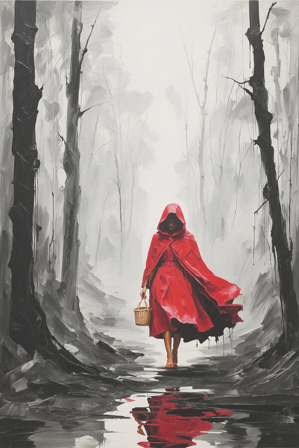 A woman in a red cloak walking in a forest