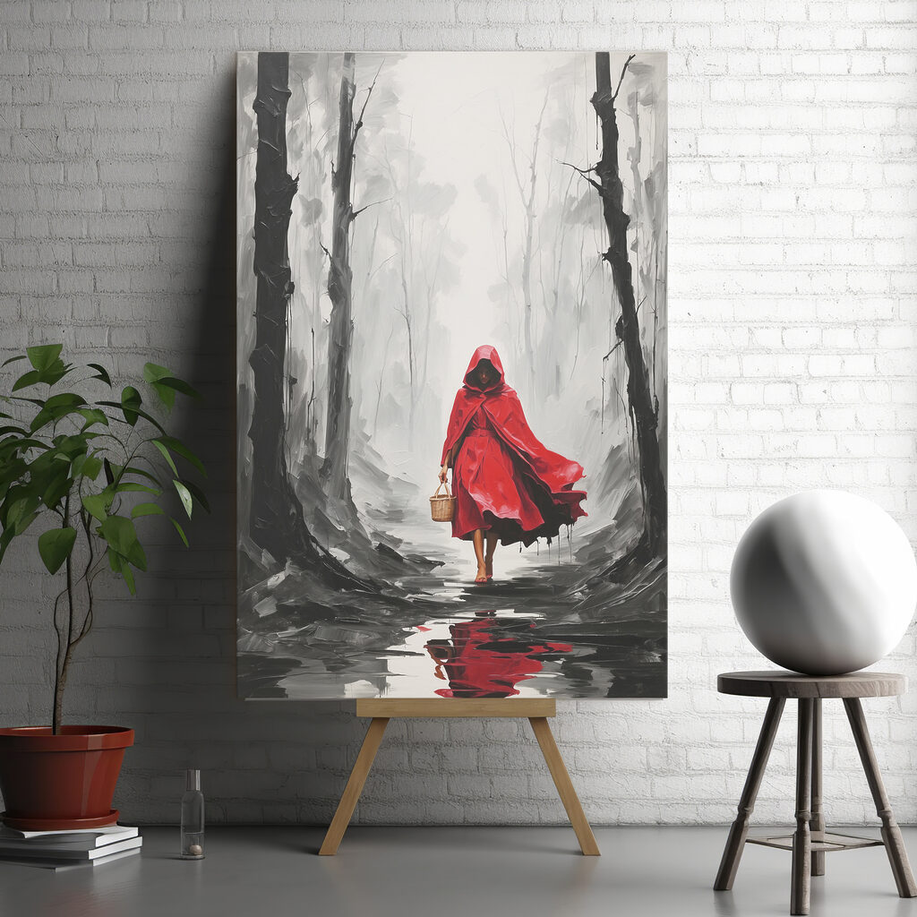 A woman in a red cloak walking in a forest