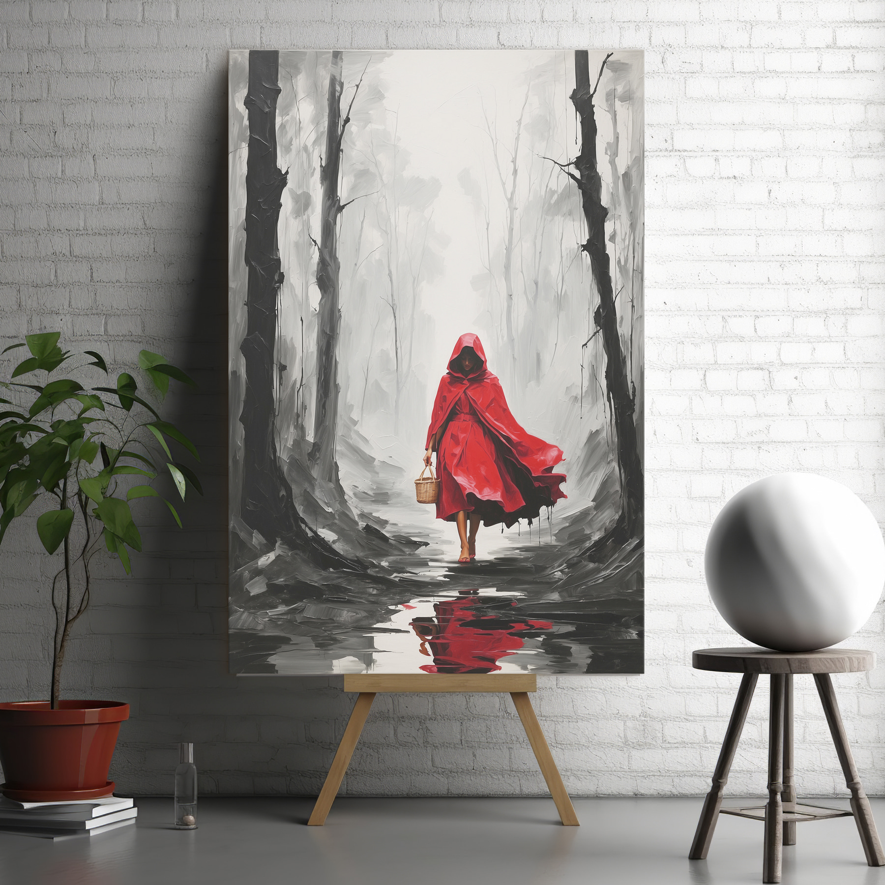 A woman in a red cloak walking in a forest