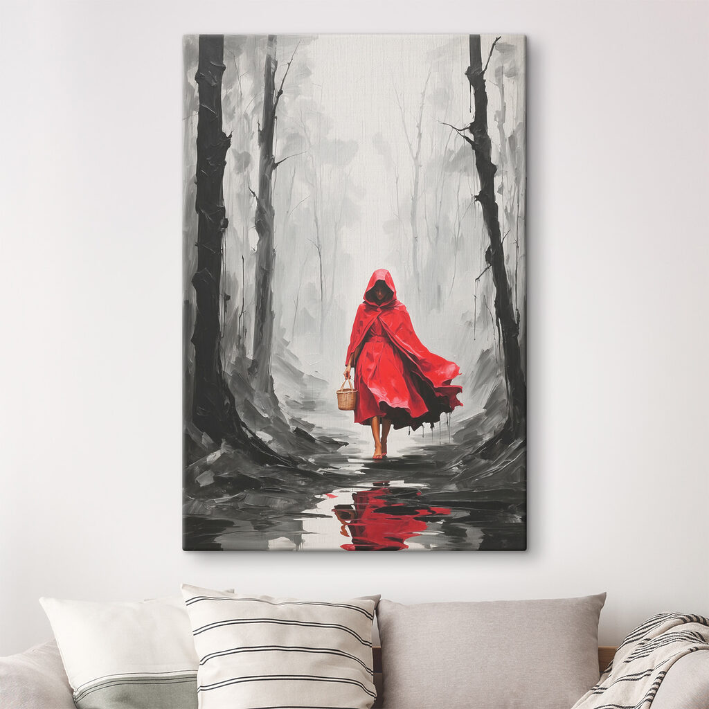 A woman in a red cloak walking in a forest