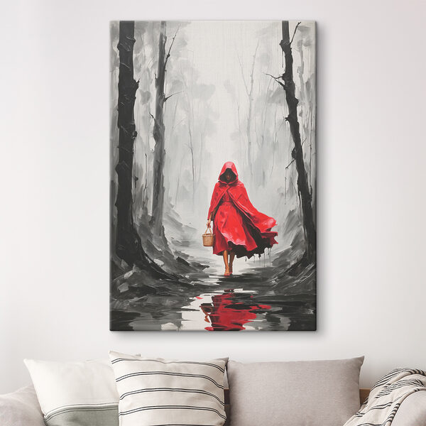 A woman in a red cloak walking in a forest