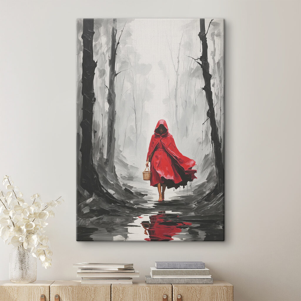 A woman in a red cloak walking in a forest