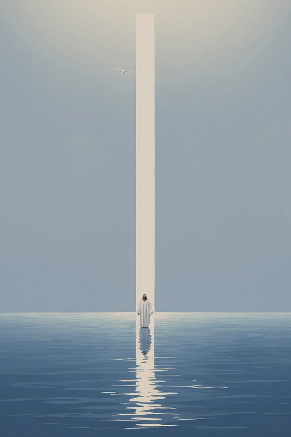 A person standing in water with a light beam A person standing in water with a light beam