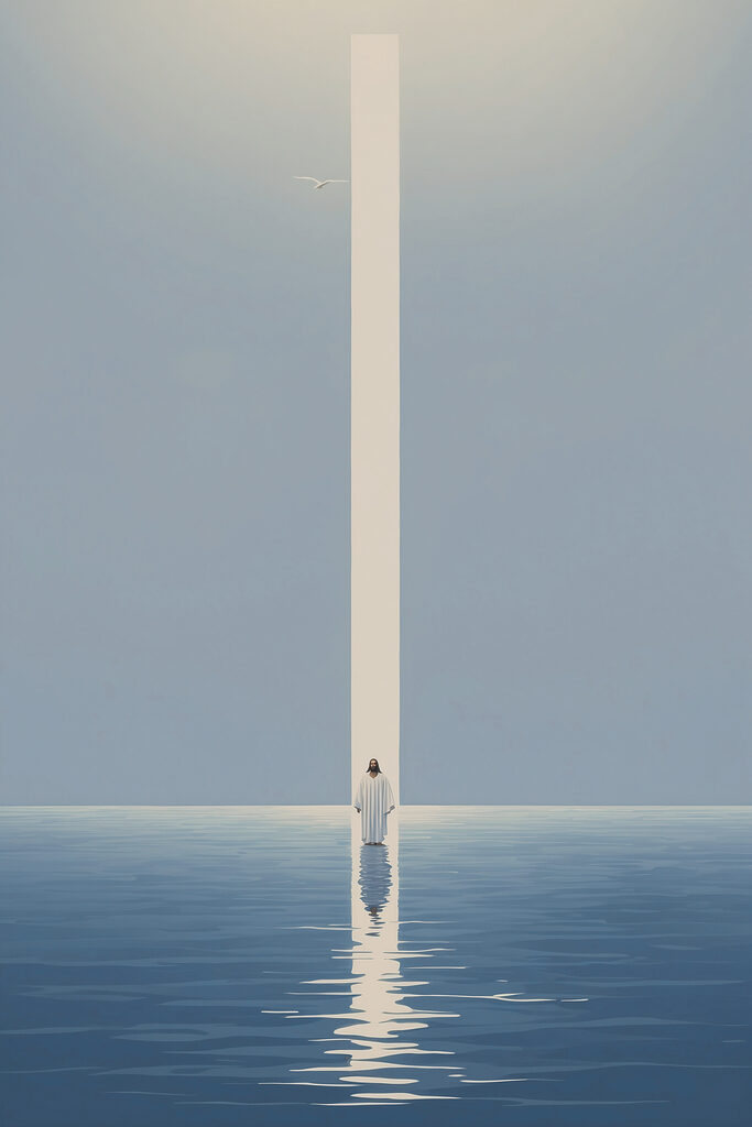 A person standing in water with a light beam A person standing in water with a light beam