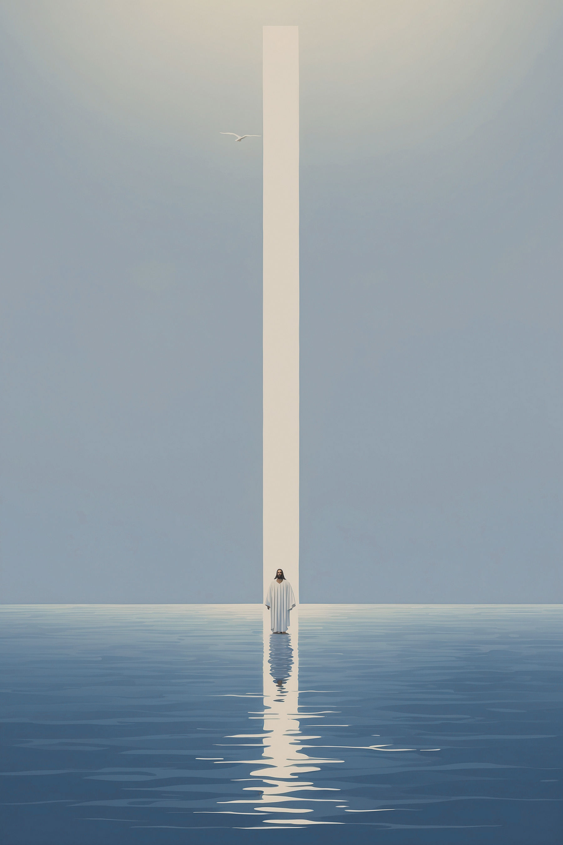 A person standing in water with a light beam A person standing in water with a light beam
