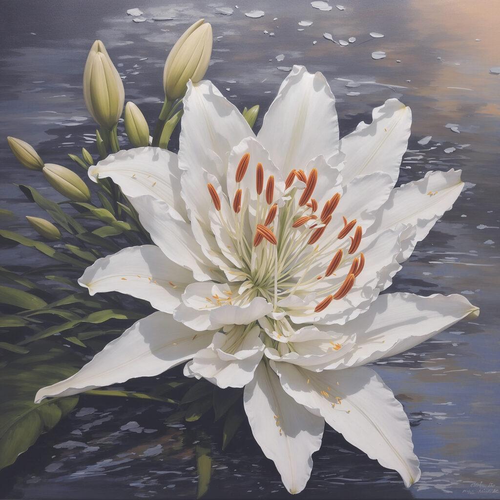 A white flower with orange stamens and buds
