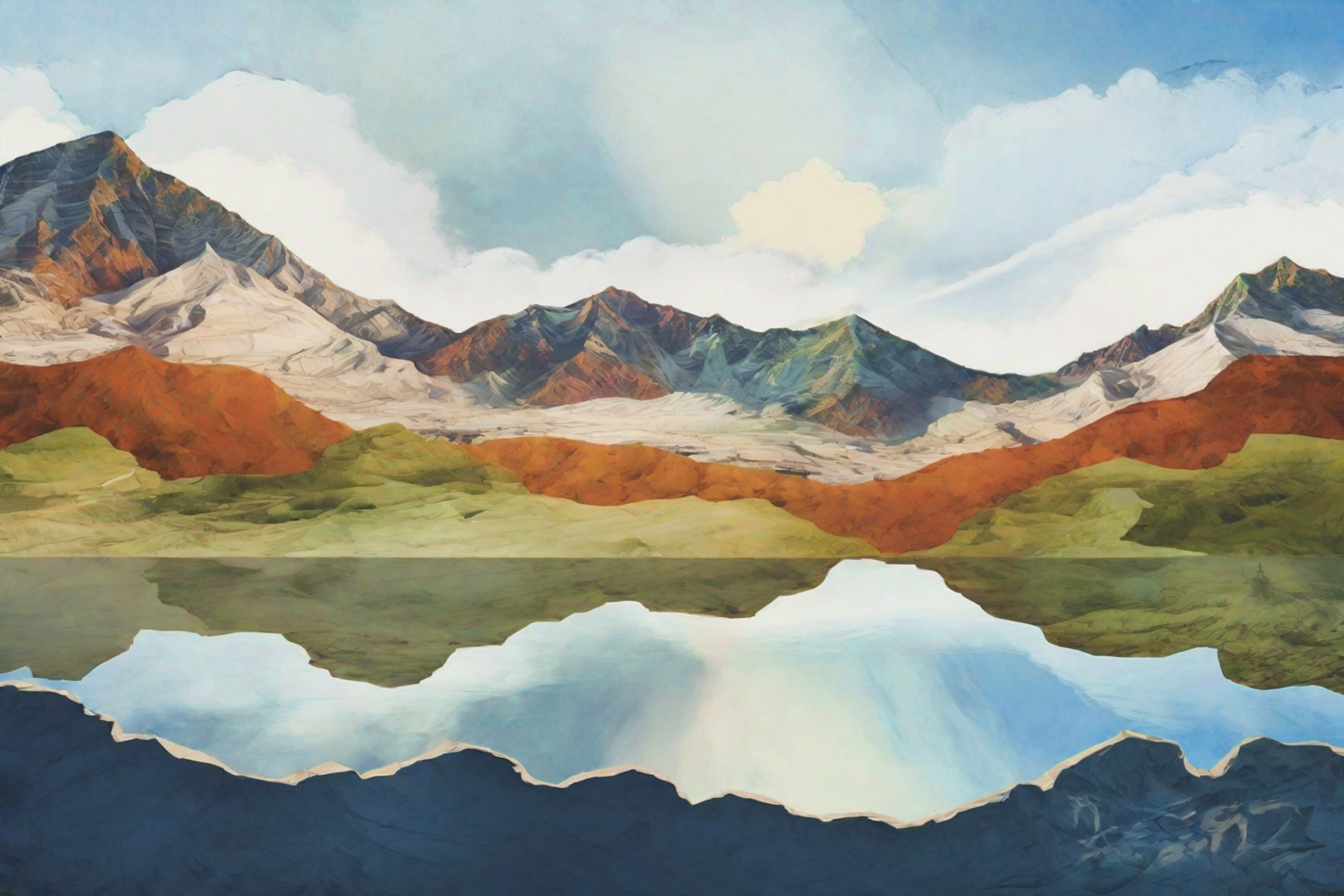 A water reflection of mountains and sky A water reflection of mountains and sky