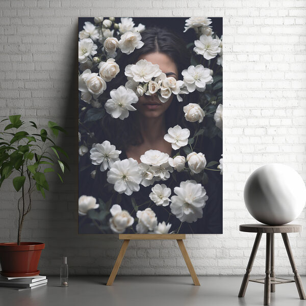 Quadri Quadri Una donna che nasconde il viso dietro dei fiori bianchi (COD: s38194)