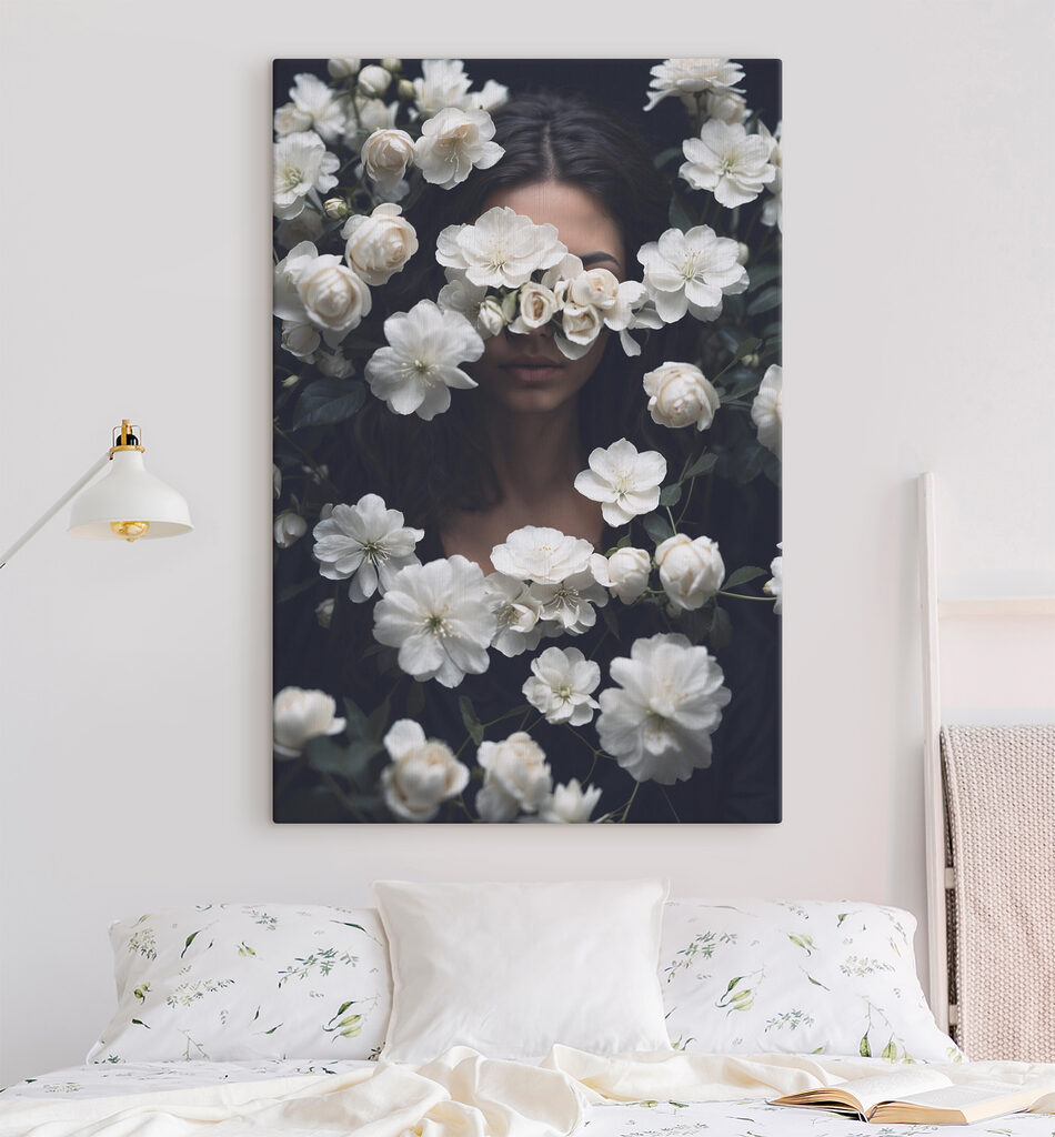 A woman hiding her face behind white flowers