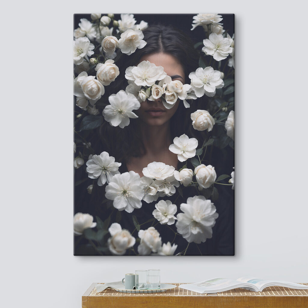 A woman hiding her face behind white flowers