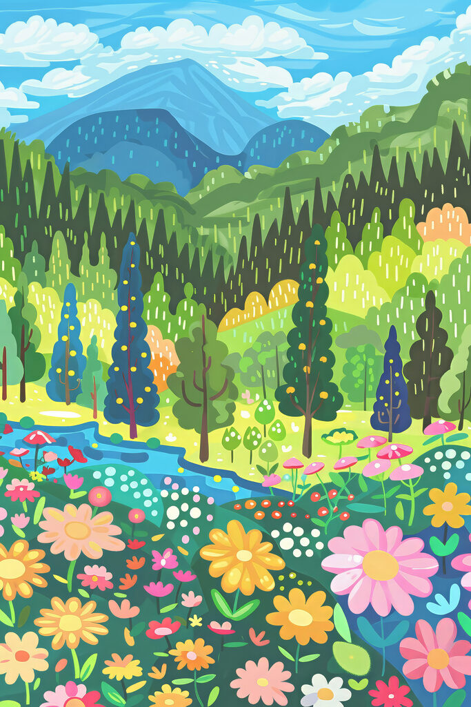 A cartoon of a landscape with trees and flowers