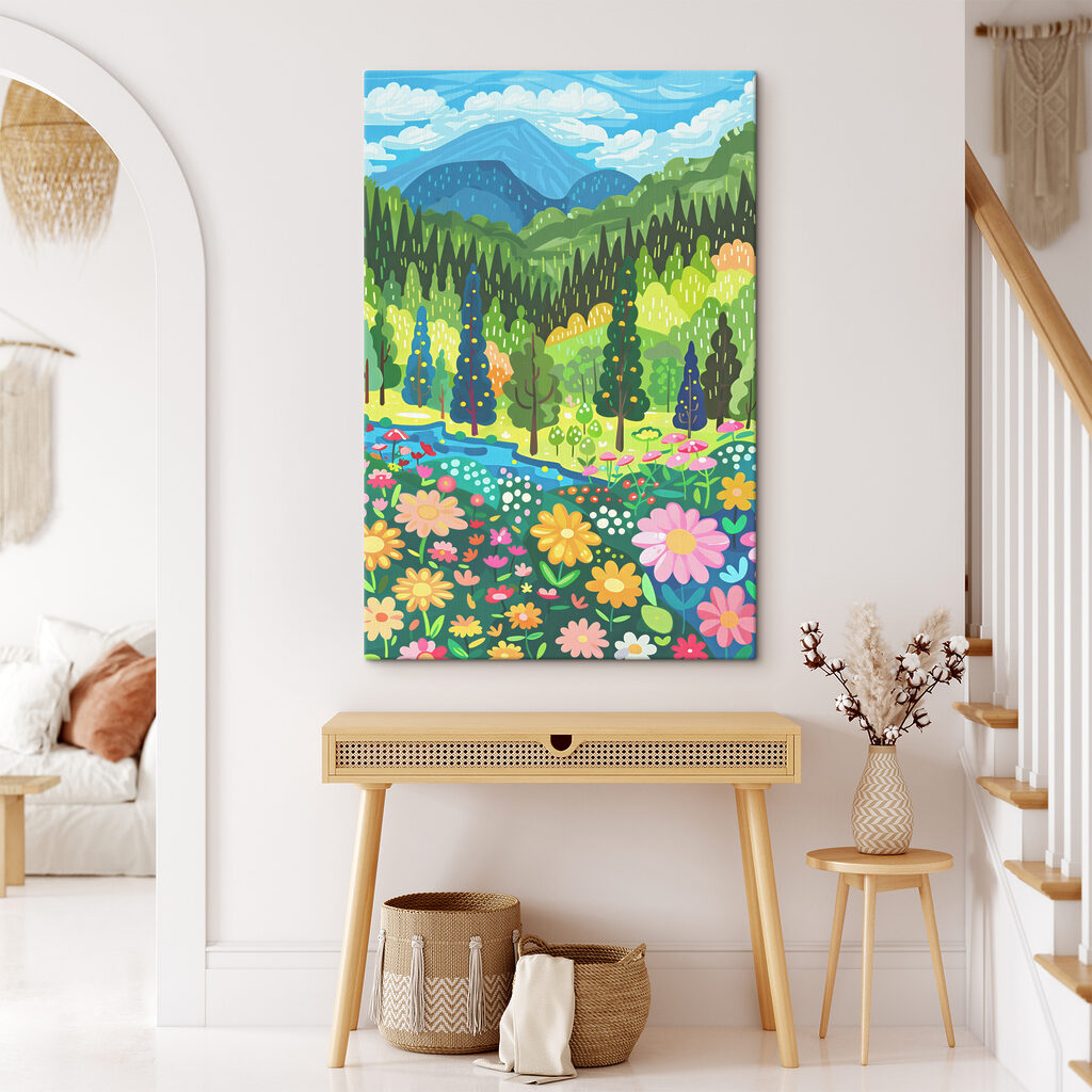 A cartoon of a landscape with trees and flowers