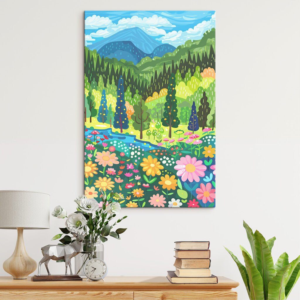 A cartoon of a landscape with trees and flowers