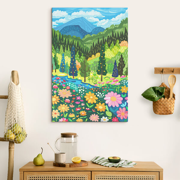 A cartoon of a landscape with trees and flowers