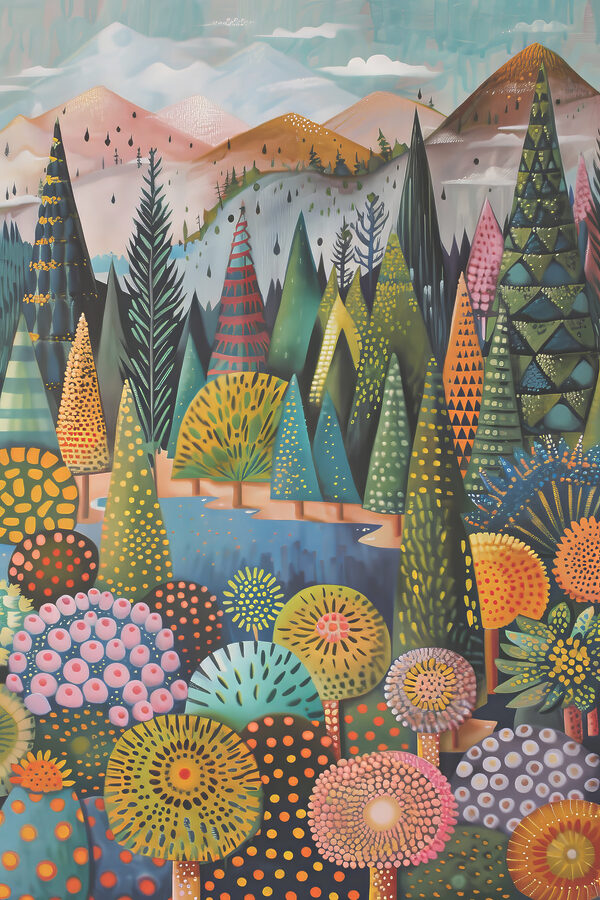 A painting of trees and a river A painting of trees and a river