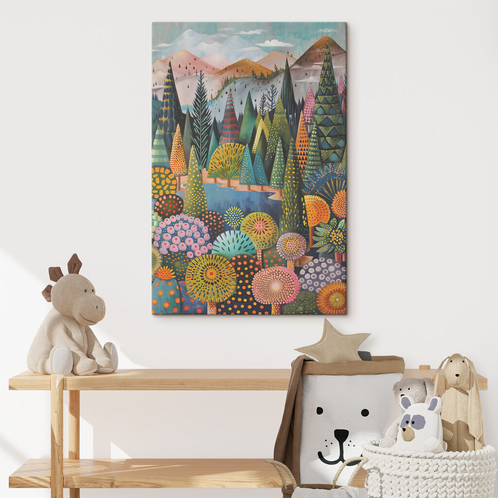 A painting of trees and a river A painting of trees and a river