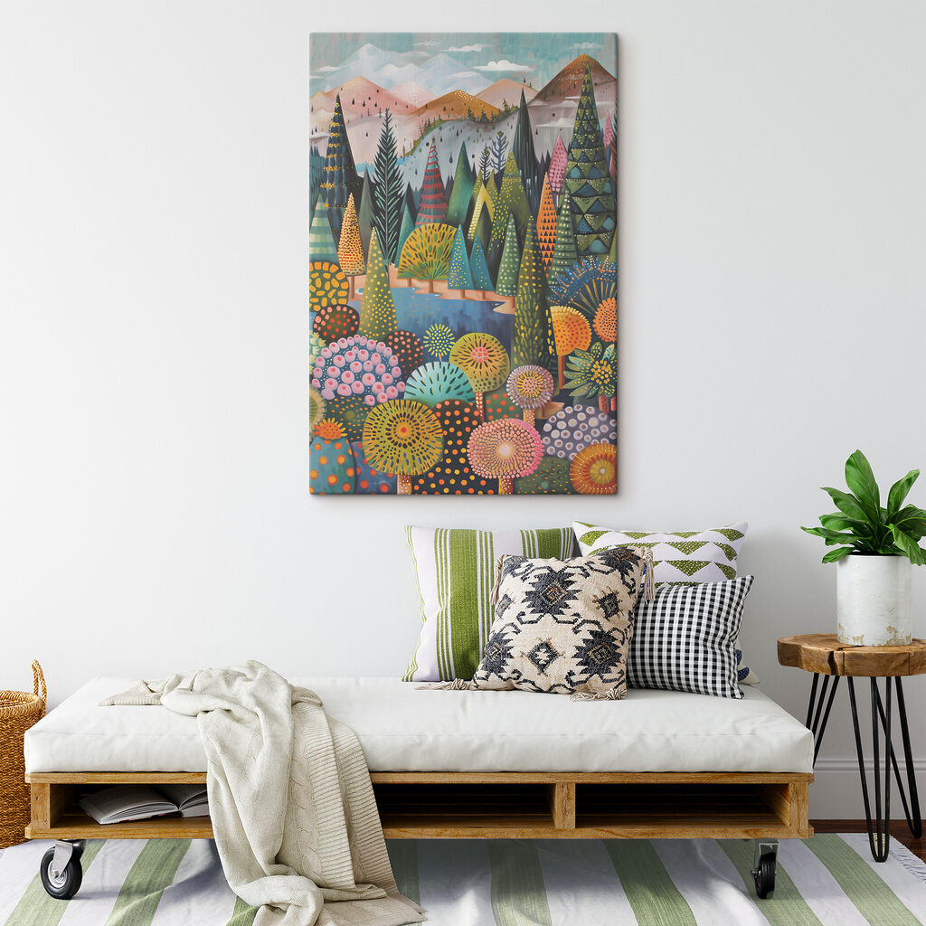 A painting of trees and a river A painting of trees and a river