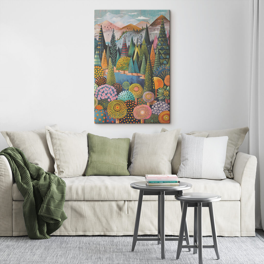 A painting of trees and a river A painting of trees and a river