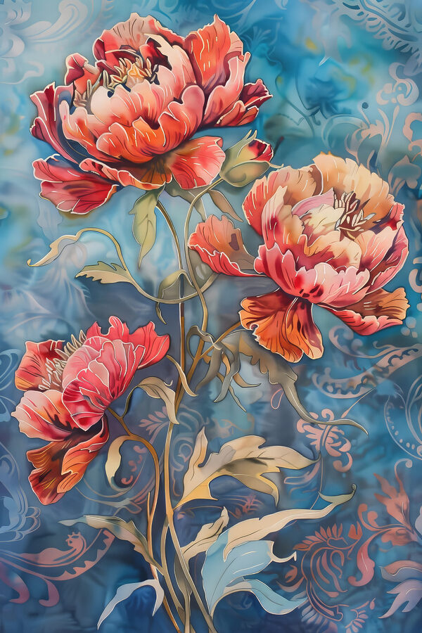 A painting of flowers on a blue background