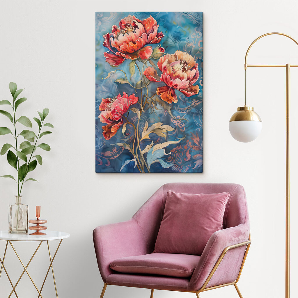 A painting of flowers on a blue background