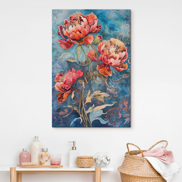 A painting of flowers on a blue background