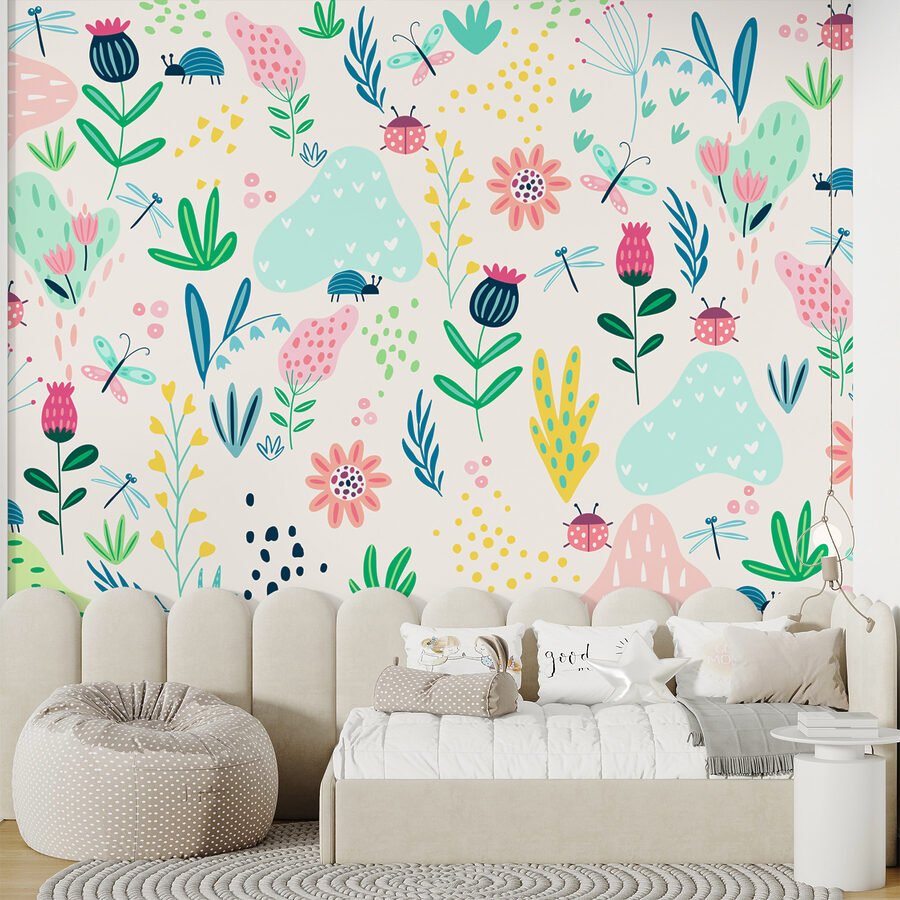 Un disegno di fiori e insetti