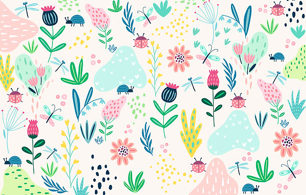 Un disegno di fiori e insetti Un disegno di fiori e insetti