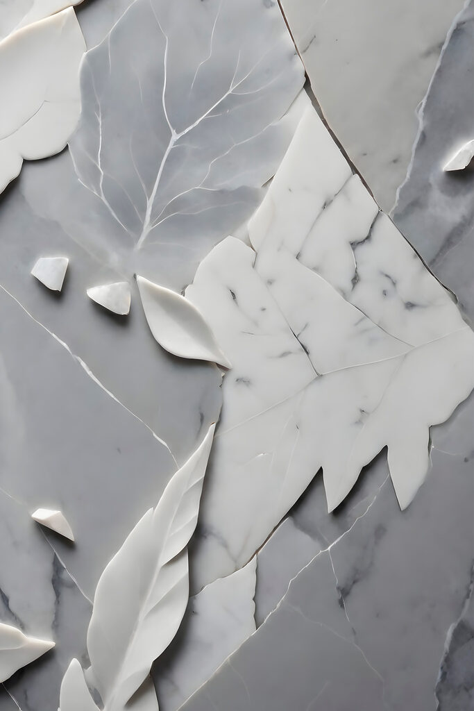 s38272p 683x1024 - Una superficie in marmo bianco e grigio con foglie - tegory