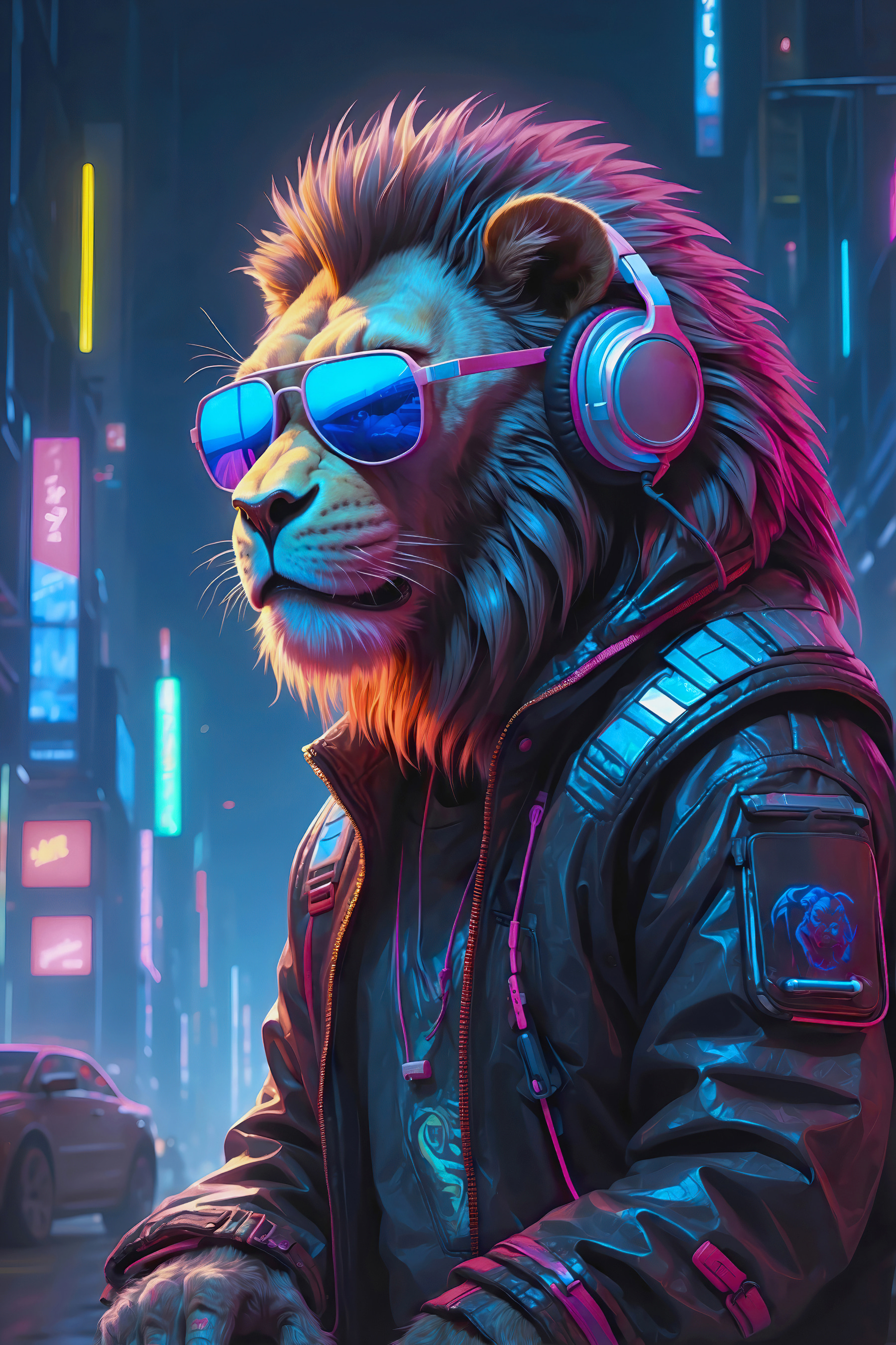 Un leone con occhiali da sole e cuffie s38169p - Un leone con occhiali da sole e cuffie - tegory